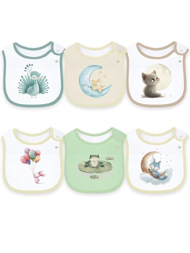 Image of Maiwa 6 Pack Cotton Baby Bibs for Girls Boys with Waterproof layer for Drooling Eating teething with Snaps