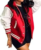 shownicer Damen Baseball Jacke Frauen College Jacke Mädchen Wintermantel Warm Oversized Vintage Bomberjacke Ladies Sweat Jacket Sweatjacke für Frauen Herbst Frühling A Rot L
