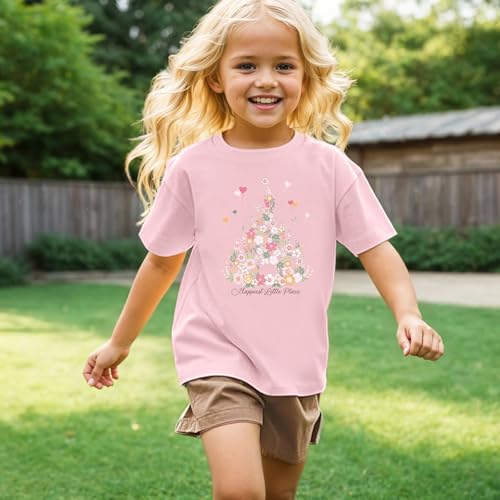 Image of Shirt for Girl Cute Floral Graphic Tshirt Holiday Summer Trip Tee Tops | Toddler Girls Soft Cotton Floral T-Shirt Short Sleeve Happy Place Graphic Tee Summer Casual Vacation Top for Kids