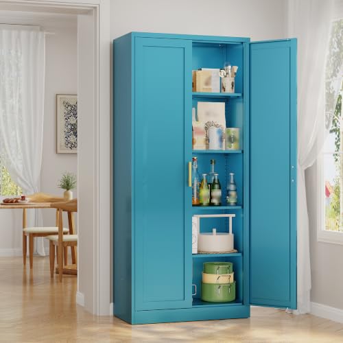 Image of Metal Pantry Cabinet, 71 inchH x 28 inchW x 14 inchD Pantry Cabinets with 2 Doors and 4 Adjustable Shelves, Kitchen Pantry Storage Cabinets, Metal Storage Cabinet for Kitchen, Dining Room, Living Room-Blue