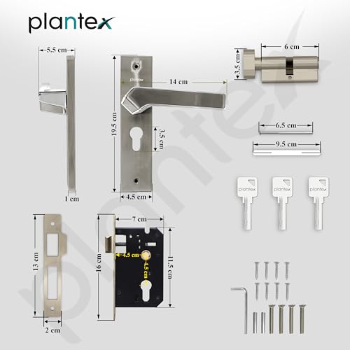 Image of Plantex Heavy-Duty Door Lock /Door Handle Set with 3 Years of Warranty /Mortise Lock with 3 Keys, Brass Lockbody & Cylinder (8133 - Satin Steel & Chrome)