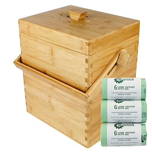 Wooden Bamboo Kitchen Compost Caddy Bin–Food Waste Recycling (4Litre) & 150 x 6L Bags