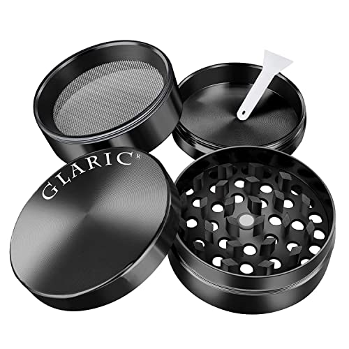 Glaric Spice Grinder, 2" 4-Layer Zinc Alloy Manual Grinder for Herbs,With Filter Iron Mesh and pollen Scraper,Grinder for Herbs, Spices, etc. (Black)