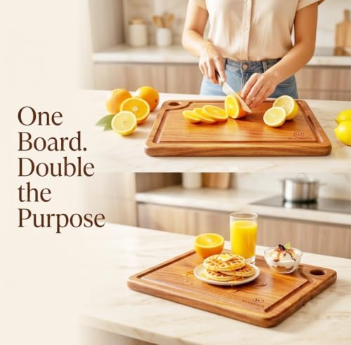 Image of Pure Neem Wood Chopping Board | Natural Anti-Bacterial Wooden Cutting Board for Kitchen | Knife Friendly, Durable & Eco-Friendly Board for Vegetables (Groove Large 14 X 9)