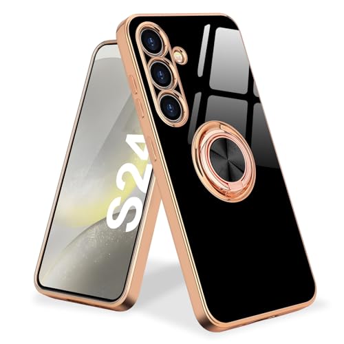 Image of Urarssa for Samsung S24 Case Ring Holder 360 Degree Rotation Finger Magnetic Car Stand Shockproof Phone Case Cover for Samsung Galaxy S24 5G-Black