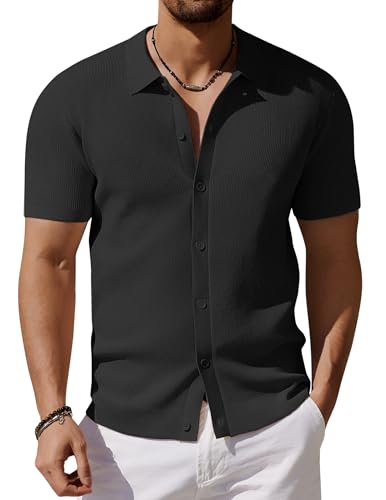 COOFANDY Men's Vintage Knit Shirt Short Sleeve Button Down Polo Shirts for Summer Casual & Vacation