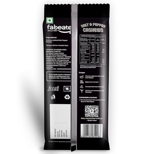 Image of Fabeato Munch on the Go Snack Premium Salt and Pepper Cashews | Crunchy| Protein-Packed Each Pouch 25g | Pack of 10