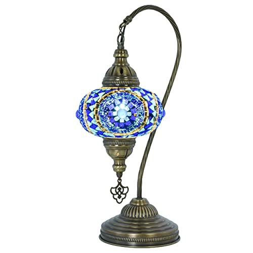 Mozaist Turkish Mosaic Swan Neck Table Lamp, Moroccan Boho Style Sea Blue Gooseneck Rustic Home Décor, Tiffany Bohemian Bedside Farmhouse Desk Light With E12 Socket & Us Plug (Evil Eye Blue) #TOP1