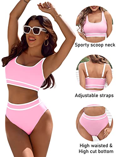 Image of BMJL Women's High Waisted Bikini Sets Sporty Two Piece Swimsuits Color Block Tummy Control Modest Bathing Suit