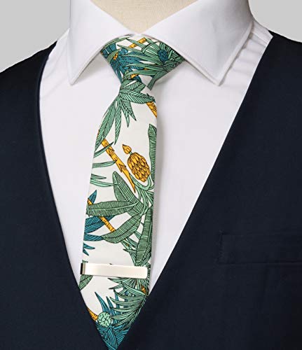 Image of Men's Skinny Tie Floral Cotton Necktie and Tie Bar Clip Sets, Great for Weddings,Groom,Groomsmen