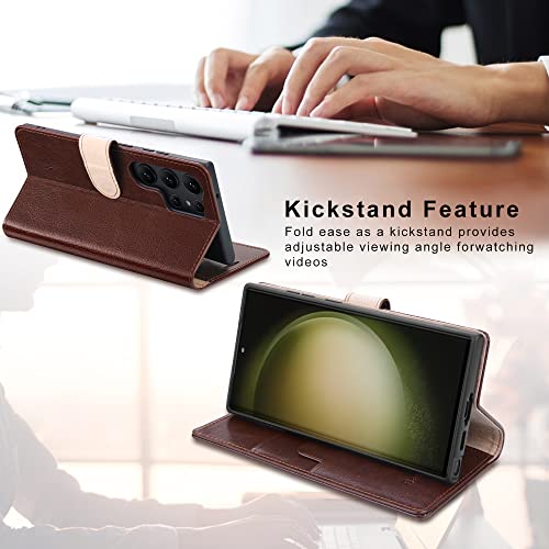 Belemay For Samsung Galaxy S23 Ultra Wallet Case-Genuine Leather Flip Cover-Rfid Blocking Credit Card Holder-Kickstand Book Folio Phone Case Women Men Compatible With Samsung S23Ultra 5G 6.8" Brown #TOP3