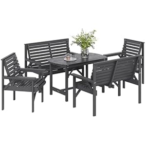 Outsunny 5 Piece Wooden Garden Dining Set for 6, Outdoor Conversation Set with Dining Table with Umbrella Hole, 2 Armchairs and 2 Loveseats for Patio or Balcony, Grey