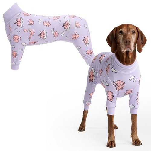 Image of Spark Paws Dog Pajama, Dog Recovery Suit Male, Onesie, Ultra-Soft and 4-Way Stretch, for Small Medium and Large Breeds - When Pigs Fly - Purple - 2XL