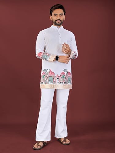 Image of Men's Cotton Silk Kurta with Jacquard Work Full Sleeves Floral Printed Side Slit and Mandarin Collar Neck | Kurta Pajama Set for Men Cotton Wedding | Short Kurta for Men