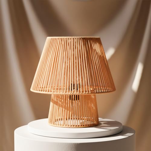 Image of PrettyKrafts Rattan Table Lamp (Bulb Not Included) | Natural Rattan Lampshade with Metal Base | Modern Minimalist Bedside & Living Room Lamp | Home Decor Lighting & Wedding Gift