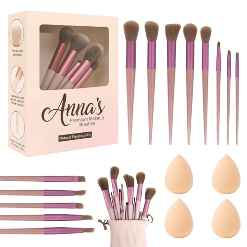 Image of ANNA's Premium 17 Pcs with Gift Box 13 Pcs Makeup Brush Set with 4 Blender Sponge Professional Face & Eye Cosmetic Brushes for Foundation, Blending, Contouring, Eyeshadow - Soft Bristles Brown Handle