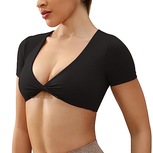 YEOREO Kyla Workout Crop Tops for Women Short Sleeve Twist Front Crop Tank Top Padded Sports Bra Casual Shirts