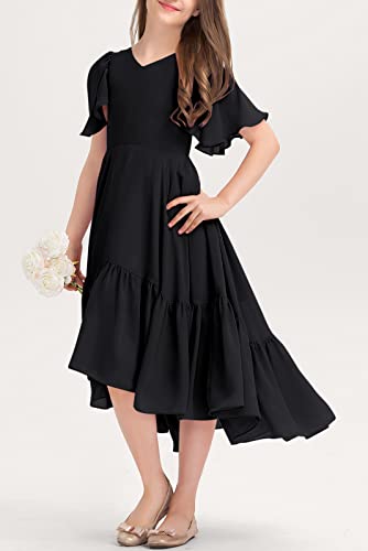 Girls Ruffle Dresses Casual A Line V Neck Short Sleeve Flowy High Low Long Maxi Junior Bridesmaid Party Dress Black #TOP1