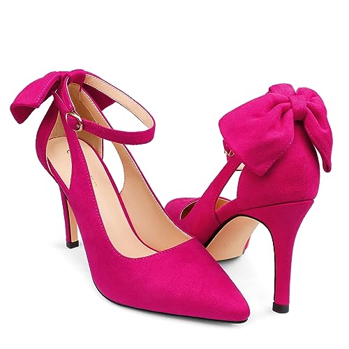 Image of COLETER Womens Back Bow D'Orsay Pumps Pointed Toe Ankle Strap Wedding Heels | 4 Inch Stiletto Heels, Adjustable Ankle Strap, Back Bow Pumps, Formal Evening Bridal Shoes