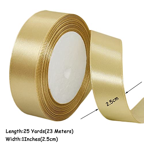 Gold Satin Ribbon 25mm x 23 Meters, Solid Color Fabric Present Ribbon for Crafting Gift Wrapping, Bows Making - Image 2
