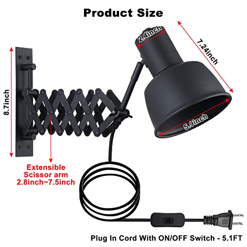 Image of DECOLUCE Accordion Swing Arm Wall Sconces, Industrial Plug in Wall Light Fixtures for Bedroom Living Room, Modern Reading Wall Lamp for Bedside Study Room, Workbench Lighting, Black