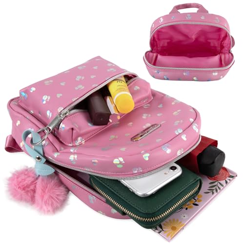 Image of Jessica Simpson Women's Mini Backpack, 10 Inch Vinyl Handbag Purse with Plush Keychain for Travel, Commute, Party, Festival (Pink Metallic Hearts & Cherries)