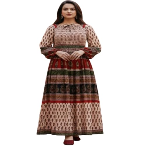 Image of Women's Cotton Dress Jaipuri Sanganeri Print Midi Long Dress Printed Fit and Flare Maxi Dress A-Line Gown Dress Maxi Skirt, Mandala (Free Size)