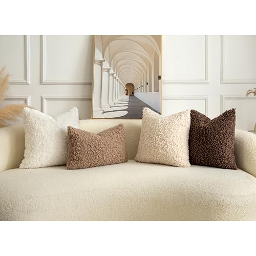 Image of Pack of 2 Curly Teddy Wool Faux Fur Throw Pillow Covers Fuzzy Accent Soft Sherpa Pillowcases Sheepskin Fleece Decorative Cushion Case for Sofa Couch Living Room 20x20 Inch Chocolate