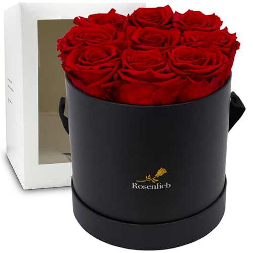 Rosenlieb Rosenbox mit 9 Infinity Rosen (3 Jahre haltbar) | Echte konservierte Blumen | Handgefertigte Flowerbox Inkl. Grußkarte | Geschenk für Sie (Schwarz, Rot)