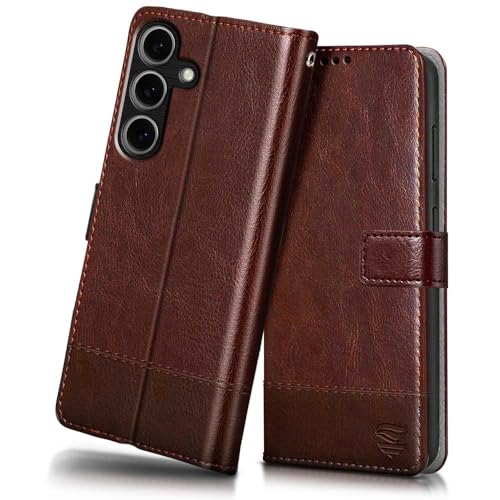 Image of FLIPPED Vegan Leather Flip Case Back Cover for Samsung Galaxy S25 5G (Flexible, Shock Proof | Hand Stitched Leather Finish | Card Pockets Wallet & Stand | Tan with Brown)