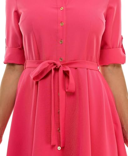Image of Sharagano Women's Pleated Shirt Dress - 3 /4 Sleeve, V-Neck, Gold Buttons