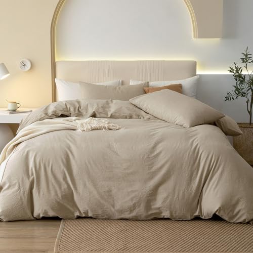 JIYUAN 100% Washed Cotton Duvet Cover Set 3 Pieces Queen, 1 Duvet Cover 90x90 Inches(Comforter Not Included) and 2 Pillowcases,Linen Feel Bedding Set Comfy and Breathable, Heathered Tan
