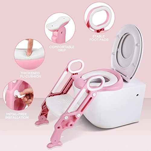 Foldable Toddler Toilet Seat, Toddler Training Seat Ladder, 38 - 42 cm Height Adjustable Children's Toilet Seat with Non-Slip Stairs, Sturdy Wide Pedals and Soft PU Cushion, Pink