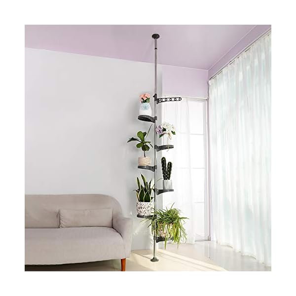 BAOYOUNI 7-Tier Indoor Plant Pole Spring Tension Rod Expandable Flower Pots Display Rack Stand Hanger Metal Corner Storage Shelf, Grey - Image 5