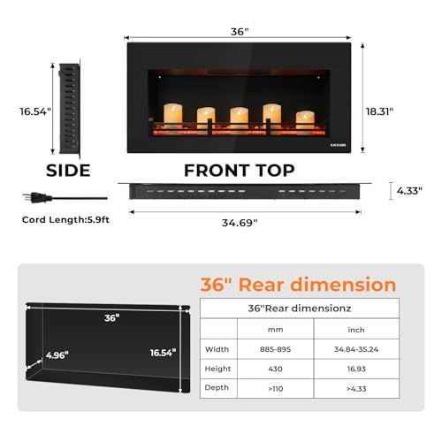 Image of R.W.FLAME 36 Inch Premium Candle Electric Fireplace, 12 Light Bed Colors, 5-Level Dimmable Light & L0 Sleep Mode, Bluetooth Sound, Dual Heating Gears with Thermostat (50-99℉), 1-8H Timer