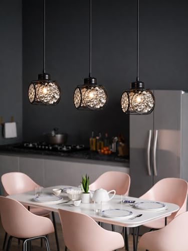 Image of Modern Black Metal Crystal Pendant Light | Round Cage Hanging Ceiling Lamp | Decorative Chandelier Light for Living Room, Bedroom, Dining Area | Warm Ambient Lighting (Ring Cube Black)