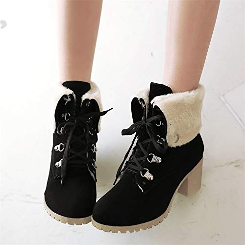 LUXMAX Women Lace Up Fold Over Ankle Boots Block Heel Winter Warm Booties3