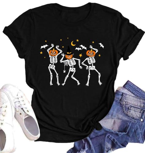 Hot Coffee Skeleton Shirt for Women Halloween Skeleton T-Shirt Funny Fall Skull Graphic Tees Tops Blouse Gift(Large,Black-7)