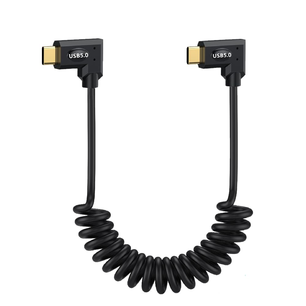 Cable en espiral USB 5.0 tipo C de 3.3 pies, datos bidireccionales de 80 Gbps, carga PD de 240 W, cable macho de ángulo recto a recto para Thunderbolt 5/4/3, eGPUs, Razer Blade, compatible con