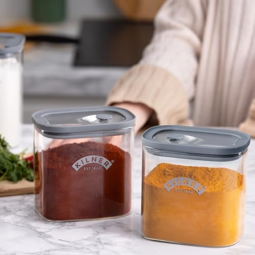 Image of Kilner Fresh Storage Bulk Spice Jar 700ml Glass Food Container with Silicone Valve Lid | Airtight, Stackable Design with Integrated Measuring Spoon | Ideal for Spices, Herbs and Seasoning