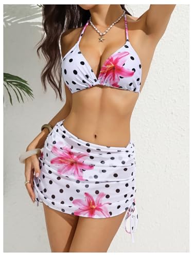 Image of RoseSeek Women's 4 Piece Polka Dots Bathing Suits Cover Up Skirt & Bandana | Halter Bikini Sets, Sexy Bathing Suit, Beach Skirt, Leopard, Paisley, Tropical, Summer