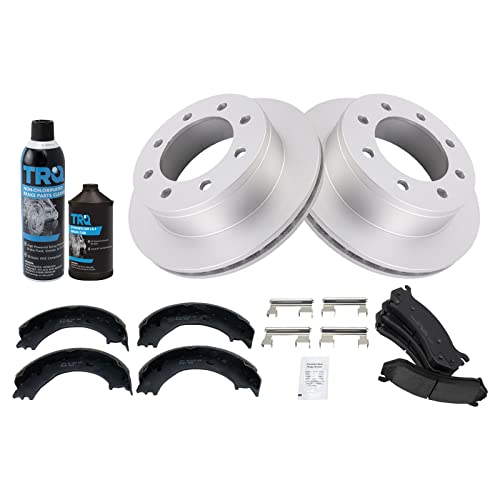 Image of TRQ Rear Ceramic Brake Pad & Coated Rotor with Parking Shoe w /Fluids Compatible with GM SUV