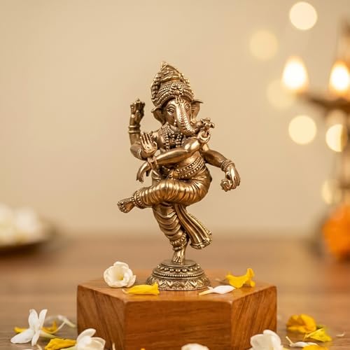 Image of Ekhasa 100% Pure Brass Dancing Ganesha Idol (Size: 6.2cm) | Pital Ganesh Murti for Pooja Room, Home Decor, Office Desk and Car Dashboard | Vinayagar Statue for Diwali Puja
