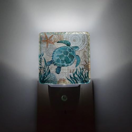 Image of Vintage Ocean Turtle Plug-in LED Night Light,Starfish World Map Auto Dusk to Dawn Sensor Nightlights Plug into Wall,White Energy Efficient Night light for Bedroom,Bathroom,Kitchen,Stairs,Hallway