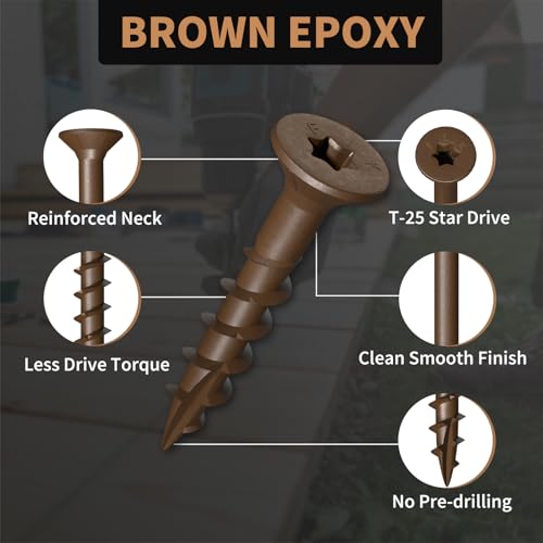 Image of Wood Screws 1 Inch, FIXLINK Deck Screws #8 x 1, 150 PCS, Epoxy Coated, T25 Star Bit Above 1500 Hour Salt Spray Coating Outdoor Decking Screws Excellent Rust Resistant for Wood Fence, Brown