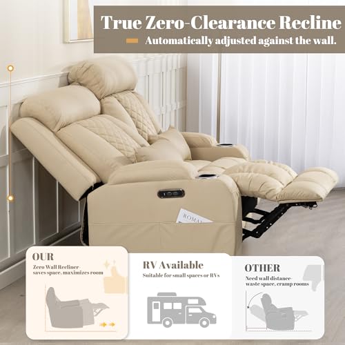 Image of Zero Wall Hugger Power Reclining Sofa Set with Adjustable Headrest, Electric Reclining Couch with Drop-Down Table, Reclining Sofa and Loveseat Set for Living Room (Beige, Sofa+Loveseat)