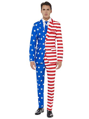 Suitmeister USA Suit with American Flag Print for Men Coming with Pants, Jacket & Tie - Perfect for 4th of July