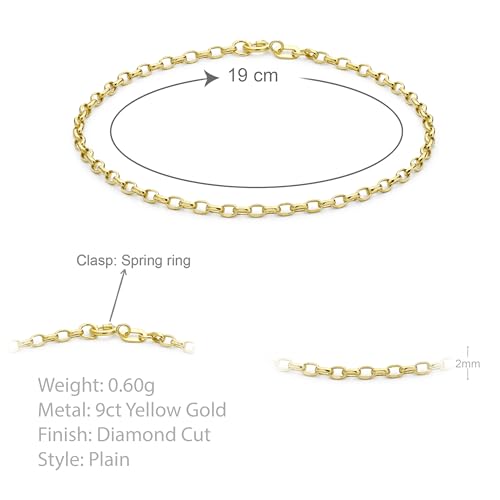 CARISSIMA Women's 9 ct Yellow Gold Hollow 2 mm Diamond Cut Oval Belcher Chain Bracelet of Length 19 cm/7.5 Inch3