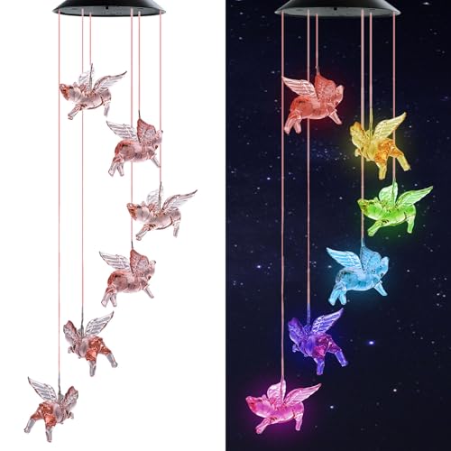 Solar Wind Chimes, Fly Pigs Wind Chimes Gifts for Mom Grandma Women Wife Girls, IP65 Waterproof Hanging Memorial Windchimes with 7 Color Changing LED Lights for Outside Garden Yard Decorations