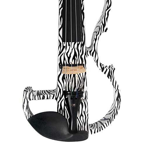 Image of Kinglos. Visual-Art Advanced Electric Violin 4 /4 Full Size Ebony Fittings | Kit Incl. Case Bow Shoulder Rest Aux Cable Spare Bridge Strings - Solid Wood White Zebra Silent Violin Set for Adult Beginner